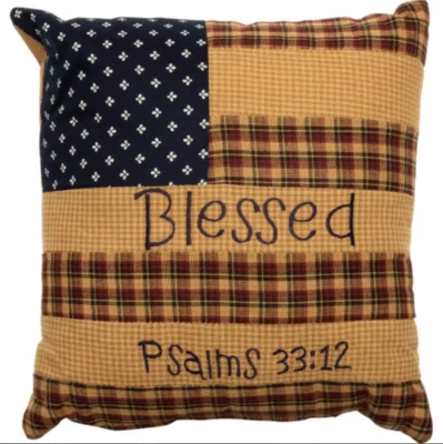 Rustic Farmhouse 4th of July Patriotic Patchwork Throw Pillow Blessed 10x10 - Image 1 of 3