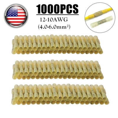 1000Pcs Yellow Heat Shrink Butt Wire Connectors Crimp Terminals AWG 12-10 Gauge - Image 1 of 4
