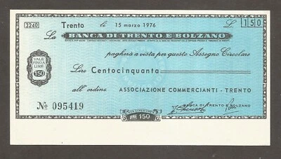 Italy - Banca di Trento e Bolzano 150 Lire 15.3.1976; UNC; BTRB.051; Miniassegni - Image 1 of 2