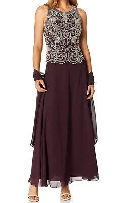 J Kara Women's Sleeveless Scallop Long Beaded Dress With Scarf Size 18 Chocolate - Image 1 of 4