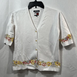 Tommy Hilfiger Cotton Short Sleeve Button Up Sweater Cardigan Ivory Floral M - Picture 1 of 12