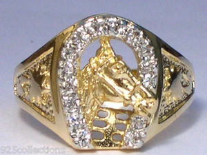 Horse Shoe Head Two Tone April Clear CZ Birthstone Men Prong Set Ring Size 7-15 - Picture 1 of 4