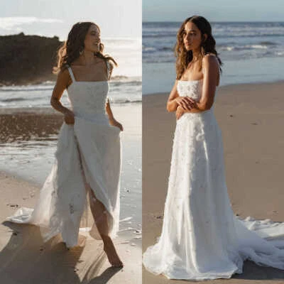 Brautkleid Boho Hochzeitskleid Column Weiß Ivory Maßgeschneidert 38 40 42 44 - Bild 1 von 4