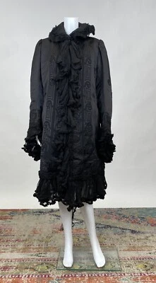 Antique Victorian Quilted Silk Applique Winter Coat w/ Pleated Silk Chiffon Trim - Image 1 of 4