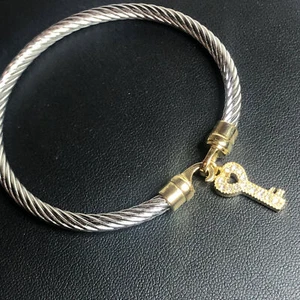 3766 HSN Emma Skye Stainless Steel Bracelet Key Charm CZ goldtone hook clasp S/M - Picture 1 of 2