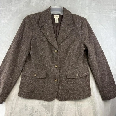 LL Bean Blazer Womens Medium Brown Tweed Wool Silk Herringbone Jacket Lined - Image 1 of 4