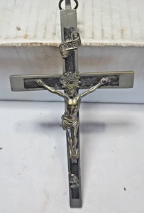 Vintage Katholisches Kruzifix Kreuz INRI 6" silberfarben, Ebenholz Holz, Deutschland - Bild 1 von 4
