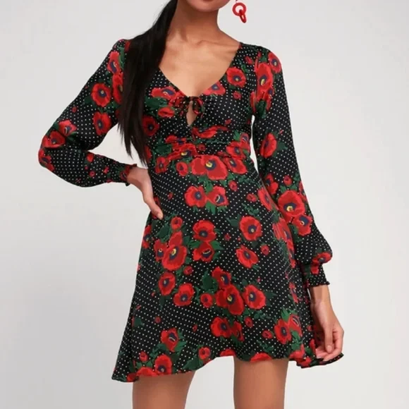 FREE PEOPLE Morning Light Floral Print and Polka Dot Mini Dress Size 4 - Image 1 of 4