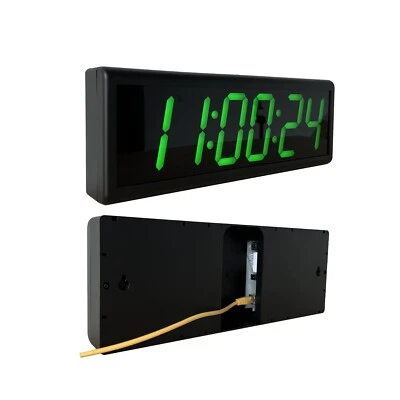 4" 6 Digit Green LED IP Wall Clock, Automatic DST Reset, Black Background - Image 1 of 4