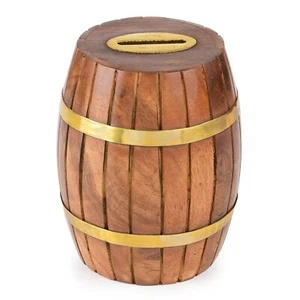 Wooden Money Piggy Bank Handmade Wood Barrel Coin Box For Kids Boys Girls - Picture 1 of 3