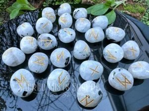 Rainbow Moonstone Elder Futhark Rune Set Hand Carved for Divination, Crystal Run - Picture 1 of 3