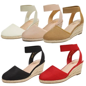 Women Espadrilles Dress Shoes Close Toe Elastic Ankle Strap Wedge Sandals - Picture 1 of 38