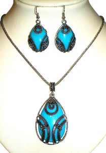 Silberfarbene Halskette & passende Ohrringe Set mit Faux Türkis - Bild 1 von 1