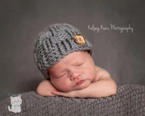 Handmade Crochet Baby Beanie Hat for boy in Newborn size Baby Shower Gift - Picture 1 of 2