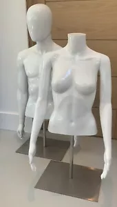 WHITE MANNEQUIN MALE & FEMALE DRESS FORMS with 2 METAL STANDS + 2 HANGERS - Picture 1 of 1