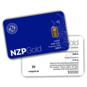 Gold Bar 0.10 Grams NZP Gold Germany 0.1g Credit Card Size Fine Gold 999.9 - Picture 1 of 3