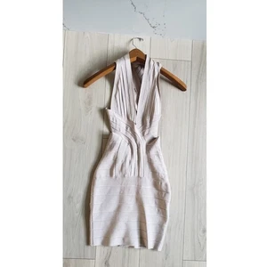 Celeb Boutique CB Dress Womens XS Beige Bandage Cut Out Y2K Mini Plunge Bodycon - Picture 1 of 9