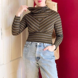 Vintage 1970s Black White & Gold Sparkle Stripe Knit Turtleneck Crop Top S/M - Picture 1 of 6