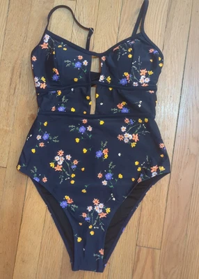 Traje de baño Cupshe azul marino de una pieza mediano floral corte alto Foto 1 de 4