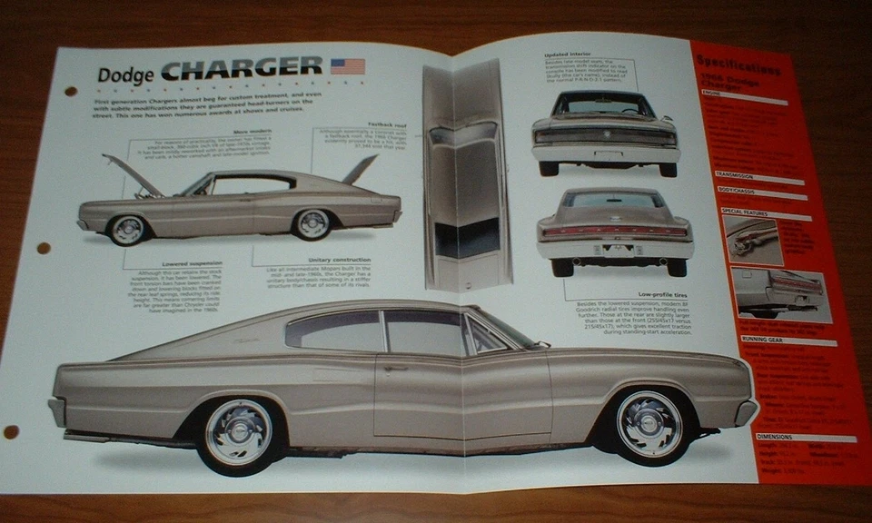 1966 Dodge Charger folha de especificações folheto foto pôster impressão informações 66 personalizado - Imagem 1 de 1