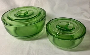Green Depression Glass Hocking Round Refrigerator Storage Bowls 9" & 7" size - Picture 1 of 5