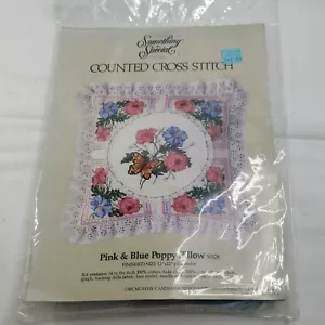 Vtg 1984 Something Special Count Cross Stitch Pink Blue Poppy Pillow Kit Nuevo - Imagen 1 de 4