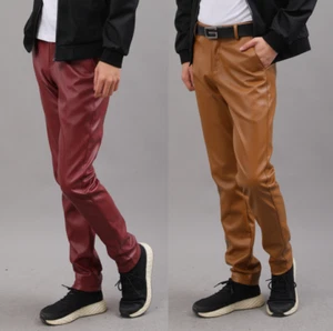 Mens Casual High Waist Straight Leg Faux Leather Biker Pants Long PU Trousers - Picture 1 of 25