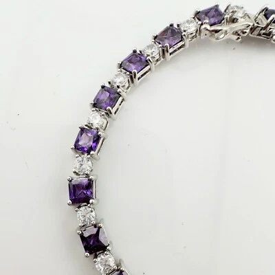 Princess Cut 15 Carat Lab Created Vivid Purple Amethyst & Round Topaz Bracelet - Image 1 of 4