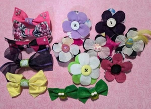 14 Pc Handmade Flower Hair Bows Felt Denim Fabric Buttons Frogs Eggs Pearls - Picture 1 of 8