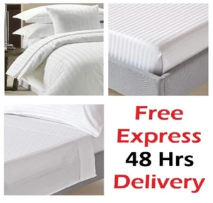 100 % LUXUS HOTELQUALITÄT BAUMWOLLE SATINSTREIFEN weiß BETTBEZUG SET DOPPELBETT - Bild 1 von 22
