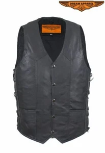 Men's Motorcycle Leather Vest Multi Pocket Buttoned Front Closure w/ Side Laces - Picture 1 of 7