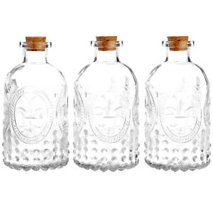 Set of 3 Antique-Style Clear Glass Embossed Apothecary Bottles with Cork Lids