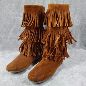 Minnetonka halbhohe Damenstiefel Größe 9 braun Wildleder 3-lagig Fransen - Bild 1 von 9