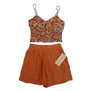 NWT Paper Crane Orange Smocked Cropped Top & Shorts 2-Pc Set High Waist Sz XS - Picture 1 of 13