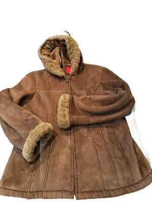 Esprit Tan Microsuede Thick Warm Winter Coat Woman’s Size L  Faux Fur Trim DS - Image 1 of 4