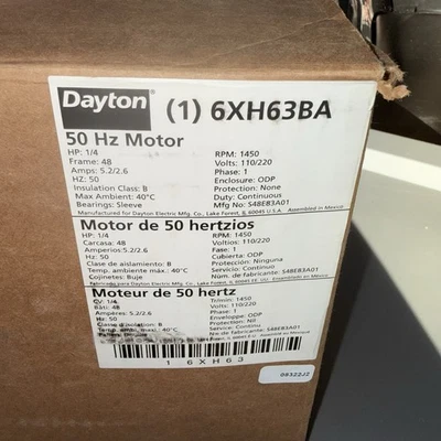 Dayton 6Xh63ba 50 Hz Motor 1/4 Hp 1450RPM 110/220 Volts 48 Frame ODP New - Image 1 of 3