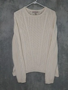 Banana Republic Sweater Women Large Cream Merino Wool Blend Cable Knit Fisherman - Picture 1 of 9