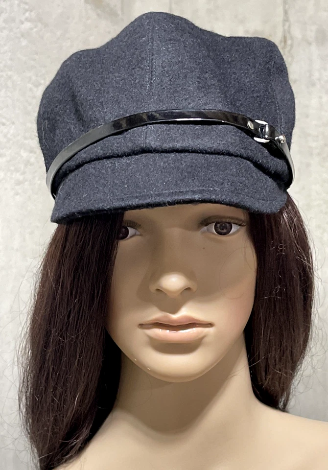 Nuevo Eugenia Kim Vintage Newsboy Negro Charol Correa Lana Fieltro Gorra Sombrero Foto 1 de 4