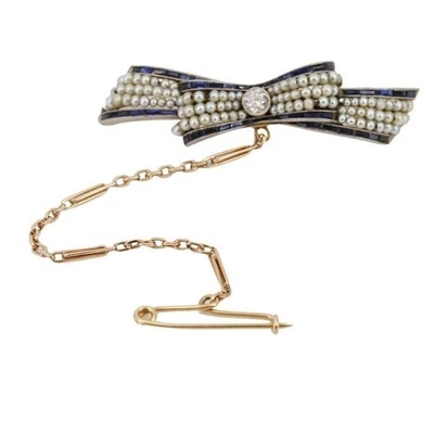 1920 Art Deco 18k Gold Bow Brooch with Diamonds, Sapphires & Natural Pearls - Image 1 of 4