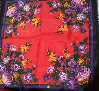 Vintage Red Floral Square Scarf Fringe Boho Folk Peasant Rose Print 30" - Image 1 of 3