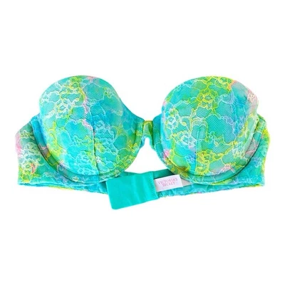 Sujetador Victoria’s Secret de encaje multidireccional sin tirantes 34A verde azul floral 2014 Foto 1 de 4