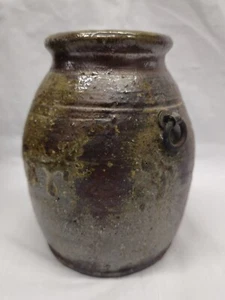 Antique Japanese pottery Jar jug  Pinched Bizen ware With Metal Ring Studio Mark - Picture 1 of 24