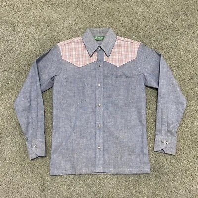 Винтажная мужская футболка 70-х Da Vinci Chambray Western на пуговицах из запасов маленький размер - Изображение 1 из 4
