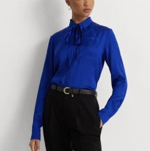 Ralph Lauren Satin Belting-Motif Jacquard Tie-Neck Shirt L Sapphire Star NWT - Picture 1 of 9