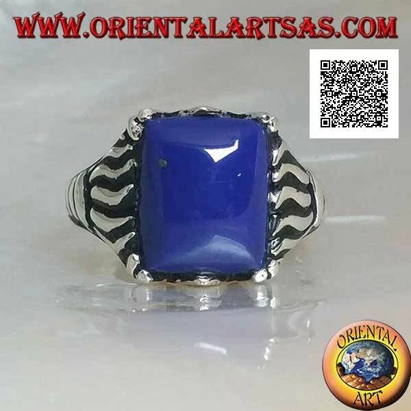 Anello in Argento 925‰ sodalite rettangolare cabochon con linee incise sui lati - Immagine 1 di 1