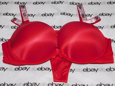 NEW Victoria's Secret Very Sexy Push-Up Bra Red Crystals 40C & Thong Set XL VS - Image 1 of 4