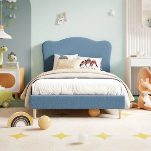 Twin Size Bed Frame Upholstered Kids Bed Frame w/Headboard Platform Wood Slats - Picture 1 of 40