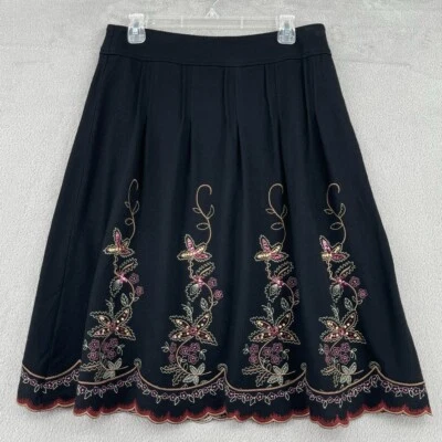 J Jill Wool Skirt Womens 8 Petite Black Embroidered Beaded Modest Scallop Artsy - Image 1 of 4