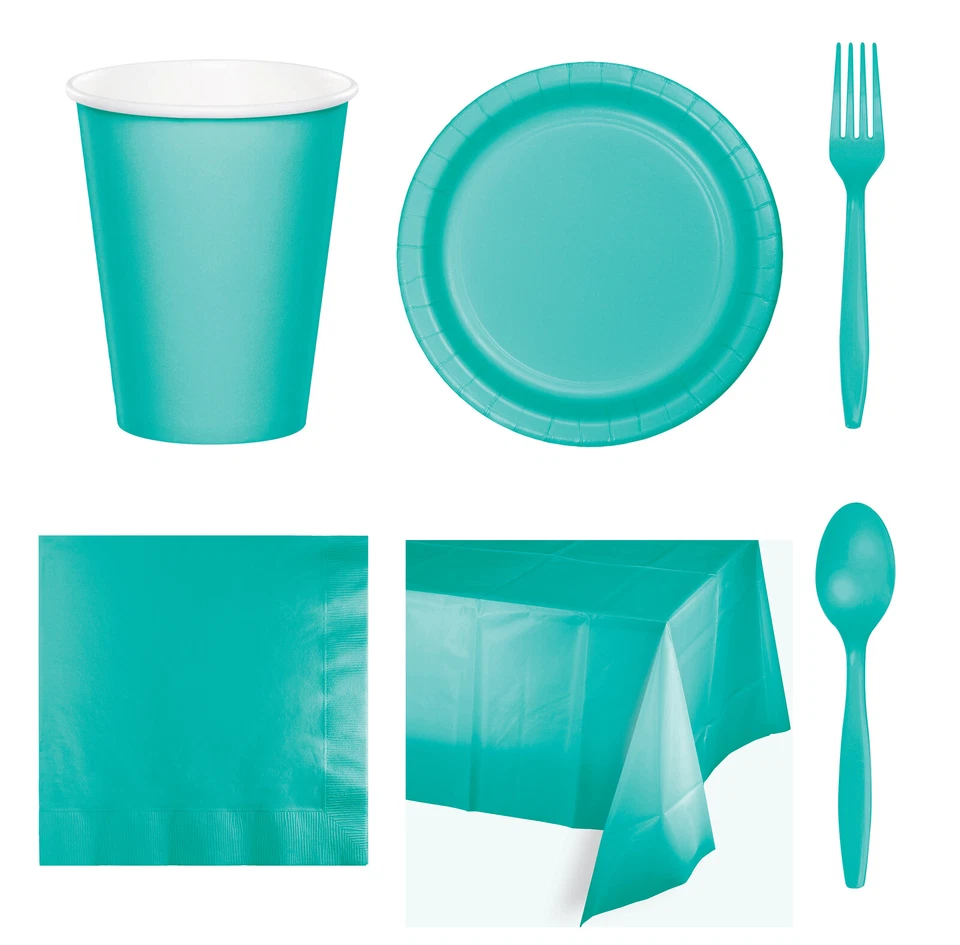 Teal Party Supplies Solid Plain Tableware Plates, Cups, Tablecover, Cutlery - Image 1 of 1