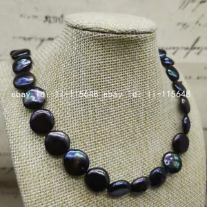 Genuine 11-12mm Black Baroque Coin-shaped Pearl Necklace 18 Inches - Picture 1 of 2